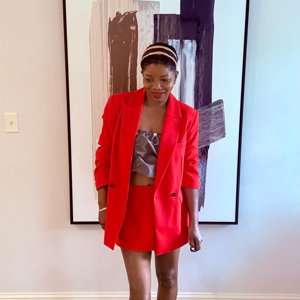 Vibrant Red Blazer and Skirt Set